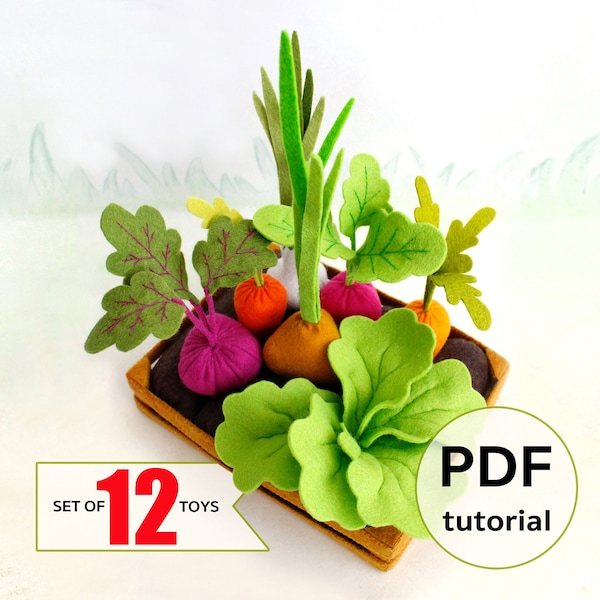 Vilt moestuin handnaaien PDF-tutorial met patronen. DIY vilten rollenspel speelgoed tutorial. Patroon van vilten keukenspeelgoed