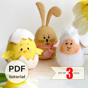 Felt Easter chick in the eggshell, bunny and lamb sewing PDF tutorial with patterns. DIY Easter crafts. Felt Easter table decor