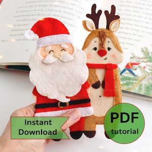 Felt Santa Claus and reindeer Rudolph bookmarks hand sewing PDF tutorial with patterns. DIY Christmas ornament. Books lover gift.