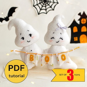Felt ghosts boy and girl with BOO garland hand sewing PDF tutorial with patterns. DIY Halloween spooky decoration. Halloween felt crafts.