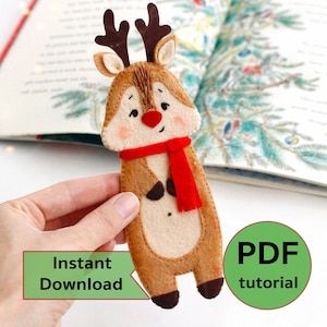 Felt reindeer Rudolph bookmark hand sewing PDF tutorial with patterns. DIY Christmas ornament. Books lover gift. School supplies.