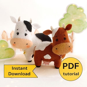 Vilten koe handnaaien PDF-tutorial met patronen. DIY vilten rollenspel dierentutorial. Patroon van vilten boerderijspeelgoed