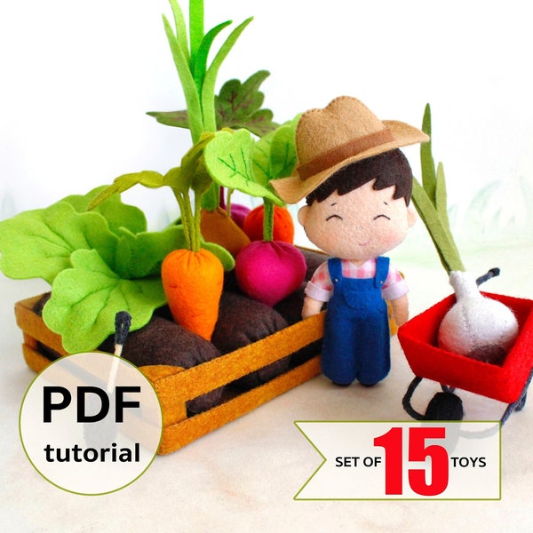 Felt farmer with wheelbarrow, shovel and vegetable garden on the beds hand sewing PDF tutorial with patterns. DIY felt role playing toys