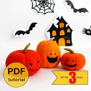 Felt Halloween orange pumpkins hand sewing PDF tutorial with patterns. DIY Halloween decoration. Halloween felt crafts
