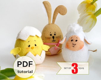 Felt Easter chick in the eggshell, bunny and lamb sewing PDF tutorial with patterns. DIY Easter crafts. Felt Easter table decor