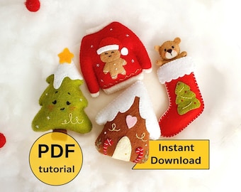 Felt Christmas set of toys and garland hand sewing PDF tutorial with patterns. DIY felt Christmas ornaments. Gingerbread crafts