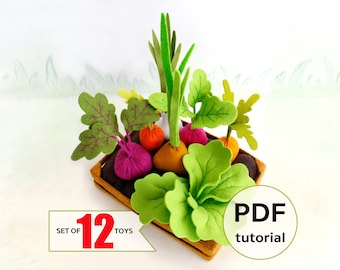 Felt vegetable garden hand sewing PDF tutorial with patterns. DIY felt role playing toys tutorial. Felt kitchen toys pattern