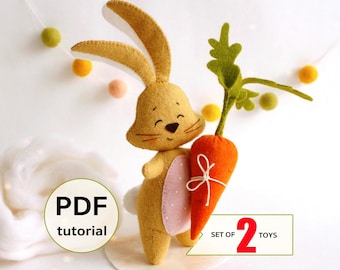 Felt Easter bunny with carrot hand sewing PDF tutorial with patterns. Felt Easter crafts. Mother's day DIY gift. Soft toy pattern