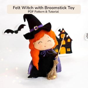 Felt Witch Pattern PDF, Halloween Witch Sewing Tutorial, Witch Doll with Broomstick, Nursery Decor & Pretend Play