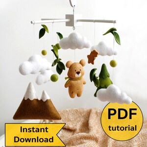 Felt Woodland Bear Baby Crib Mobile Hand Sewing PDF Tutorial With Patterns DIY Forest Nursery Baby Cot Decoration Handmade Baby Shower Gift