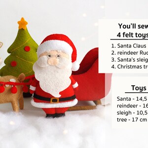 Information about felt Santa Claus in the sleigh, reindeer Rudolph and Christmas tree PDF tutorial with patterns