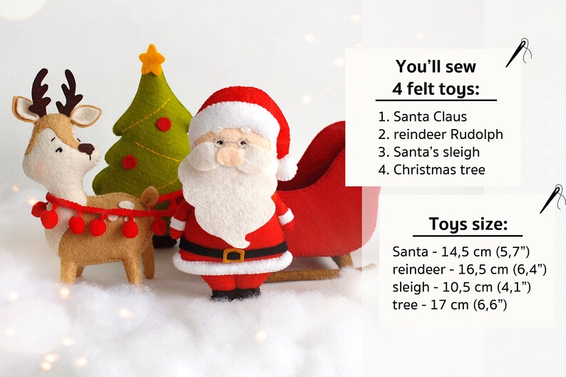 Information about felt Santa Claus in the sleigh, reindeer Rudolph and Christmas tree PDF tutorial with patterns