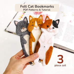 Modello PDF per segnalibro a forma di gatto in feltro, tutorial di cucito per segnalibro a forma di animale, segnalibro fai da te, progetto di cucito a mano, accessorio per lettori