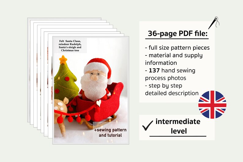 Information about felt Santa Claus in the sleigh, reindeer Rudolph and Christmas tree PDF tutorial with patterns