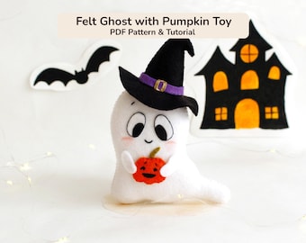 Patroon voor een spookje van vilt (PDF), naaigids voor een Halloween-spookje, zelfgemaakte pompoenversiering, speelgoed voor de kinderkamer