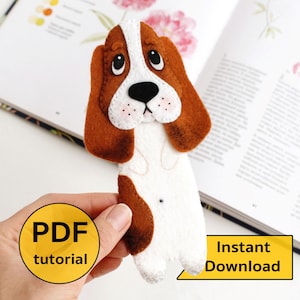 Marcapáginas de fieltro para niños, con forma de perro basset hound, tutorial de costura a mano en PDF con patrones. Regalo para amantes de la lectura. Marcapáginas con letras DIY. Regalo de útiles escolares.