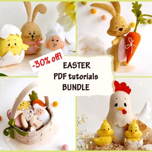 May include: A set of Easter felt craft patterns, including a chick in an egg, a bunny holding a carrot, a lamb, a hen with chicks, and a basket with a bunny, lamb, and chick. The patterns are available as PDF tutorials and are 30% off.