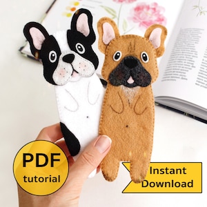 Marcapáginas infantil de bulldog francés largo de fieltro, tutorial de costura a mano en PDF con patrones. Regalo para amantes de la lectura. Marcapáginas con letras DIY. Regalo de útiles escolares.