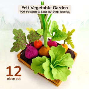 Patrón PDF para huerto de verduras de fieltro, juego de comida de juguete, tutorial de costura a mano, juguete Montessori, juego de cocina para niños, juego de granja