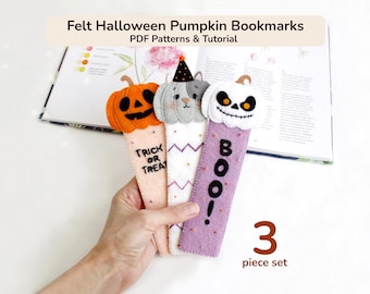 Felt Halloween Bookmark Pattern PDF, Pumpkin Bookmark Sewing Tutorial, 3-Piece Felt Bookmark Set, Hand Sewing Project
