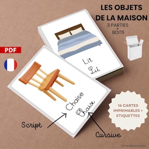 Objets de la maison - cartes apprentissage français - FLASHCARDS meuble- 16 cartes Montessori + boîte imprimables + étiquettes 3 parties pdf