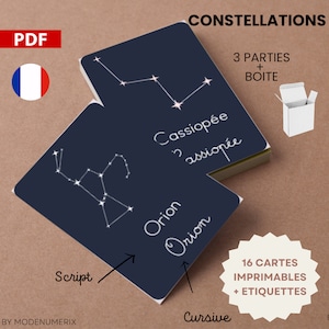 Tarjetas CONSTELACIONES Aprende a leer en escritura y cursiva, tarjetas Montessori STAR y caja en pdf imprimible, tema zodiaco y astrología