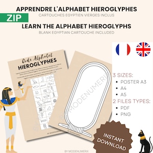 ABC game of PHARAOHS of Egypt, alphabet code of Egyptian hieroglyphs, write your pharaoh name, printable game poster format A3, A4, A5