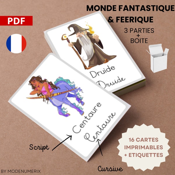 Cartes nomenclature jeu Montessori MONDE FEERIQUE, Français script et cursive, héros fantastiques, cartes imprimables PDF- école à la maison