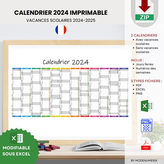 Calendrier 2024 avec vacances scolaires et jours fériés à imprimer