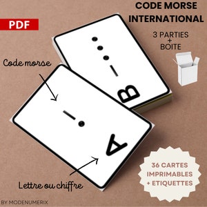 36 cartes apprentissage ABC Code MORSE, flashcard international, carte Montessori 3 parties noir et blanc et boîte imprimables PDF