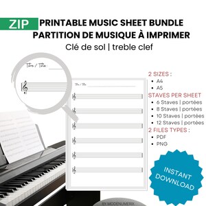 Printable blank music sheet, printable music stave pages A4, A5, PDF, school supplies, treble clef