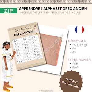May include: A printable chart displaying the ancient Greek alphabet, featuring a cartoon illustration of a girl in a white tunic holding a clay tablet. The chart is titled "Code Alphabet Greek Ancient" and includes the letters of the alphabet with their corresponding English letters. The chart is available in three formats: poster A3, A4, and A5. The file types are PDF and PNG.