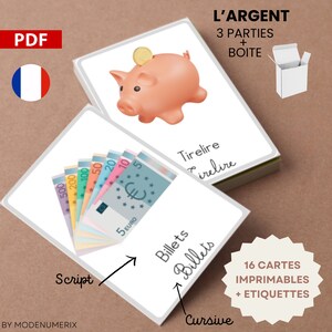 Cartes flash ARGENT et BANQUE, cartes Montessori 3 parties ludiques, boîte imprimables pdf, fiche d'activité préscolaire