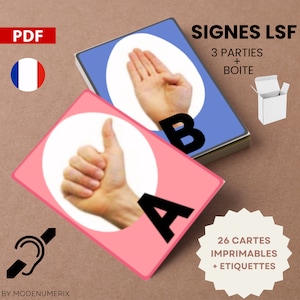 26 Cartes apprentissage ALPHABET langue des SIGNES LSF pour malentendants, carte nomenclature de jeu Montessori et boîte imprimables pdf