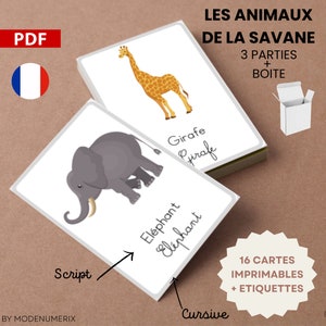 Cartes éducatives ANIMAUX de la SAVANE AFRICAINE apprend à lire en jouant flashcards Montessori imprimables en français