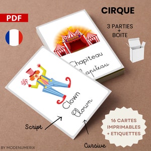 Jeu de cartes CIRQUE Apprend à lire en script et cursive, cartes Montessori ludiques et boîte imprimables pdf, fiche d'activité préscolaire