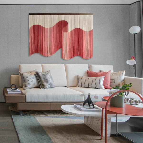 Tapiz de pared de macramé 3D rojo, tapiz bohemio teñido por inmersión, arte de fibra de hilo hecho a mano