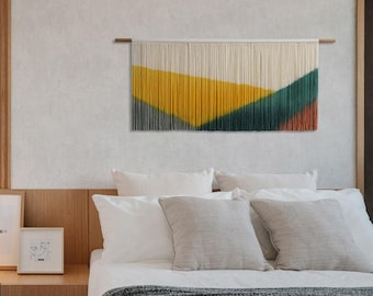 Groot geometrisch boho-tapijt, muurkunst dip-dye textiel, handgeweven muurdecoratie van vezels