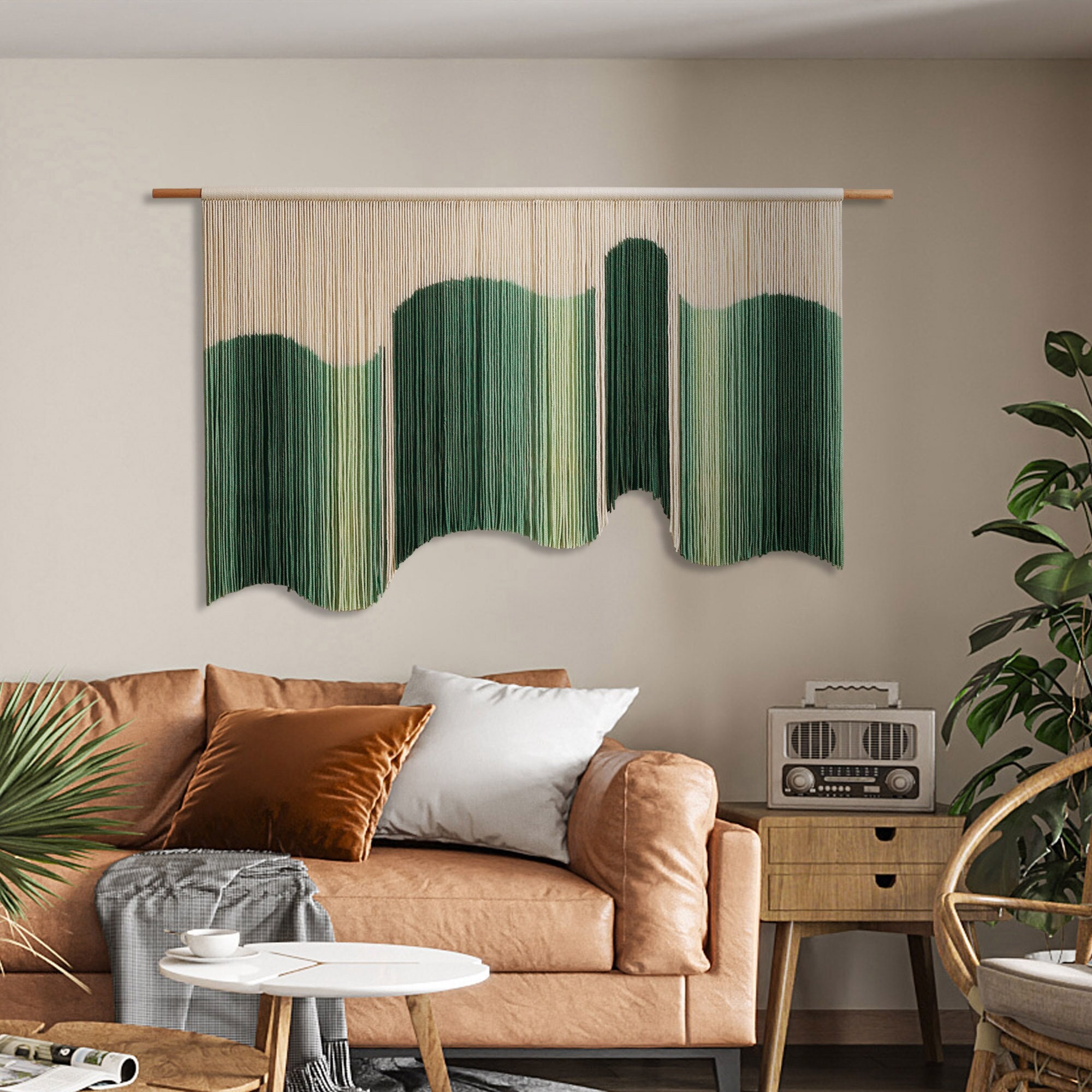 3D Green Macrame Wall Hanging,  Dip Dyed Wall Art, Boho Wall Hangin， Fiber Art Tapestry, Living Room Bedroom Porch Home Wall Decor