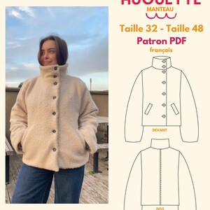 Puede incluir: Una chaqueta de forro polar texturizada de color crema con cuello alto y cierre de botones. La imagen incluye un dibujo técnico de la chaqueta etiquetado como HUGUETTE MANTEAU, mostrando vistas frontal y trasera para tallas 32 a 48.