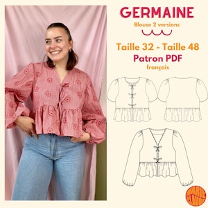 May include: A sewing pattern for a red and white gingham blouse with a tie front and puff sleeves. The pattern is called "Germaine" and is available in sizes 32 to 48. The pattern is a PDF download and is in French.