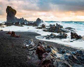 Iceland Coast Dramatic Waves Sunset Landscape Photo Wall Art. Snaefellsnes Peninsula. Photo Print, Giclée Print, Canvas Print, Metal Print.