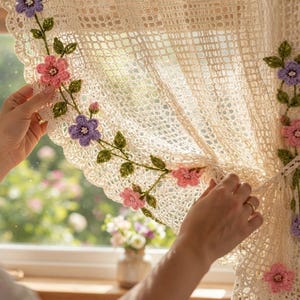 May include: A cream-colored crochet curtain featuring an intricate open-weave grid pattern. The curtain is adorned with decorative floral vines in shades of pink, purple, and green, with scalloped edges along the top and side borders.
