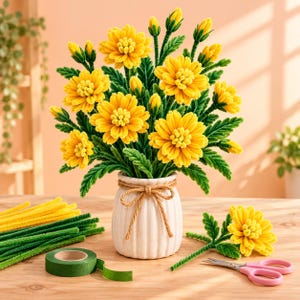 May include: A bouquet of yellow pipe cleaner flowers with green stems and leaves arranged in a white ribbed ceramic vase tied with a brown twine bow. Beside the vase are loose yellow and green pipe cleaners, floral tape, and pink scissors.