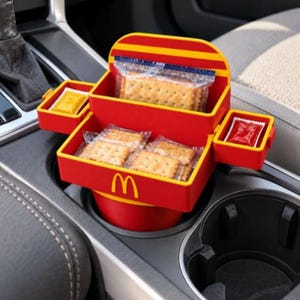 Puede incluir: Una bandeja de aperitivos roja y amarilla de plástico para el portavasos del coche con el logotipo de los arcos dorados de McDonald's. La bandeja tiene un compartimento central con galletas cuadradas en envoltorios y dos laterales con salsas.