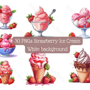 Puede incluir: Un conjunto de 30 ilustraciones digitales de helado de fresa en varios estilos. El helado se muestra en conos, cuencos y copas, con varios ingredientes como crema batida, salsa de chocolate y fresas.