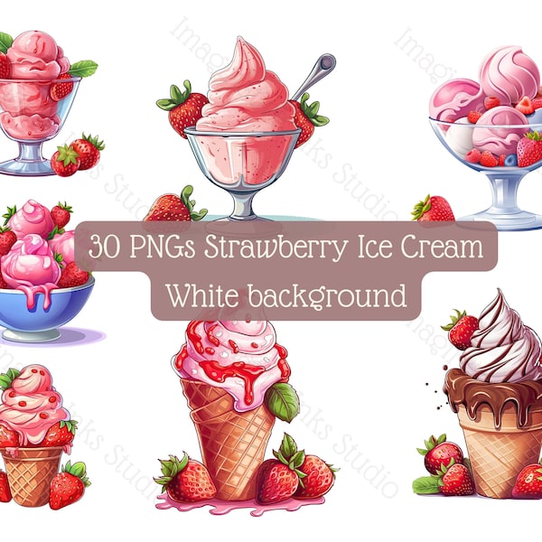 Strawberry Ice Cream clipart 30 high-quality PNG with white background Vector art Commercial use Dessert painting Strawberry Breakfast image