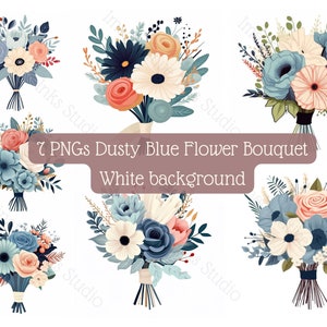 Flower bouquet clipart Dusty blue 7 high-quality PNG with white background Vector illustration Commercial use Digital bouquet wall art