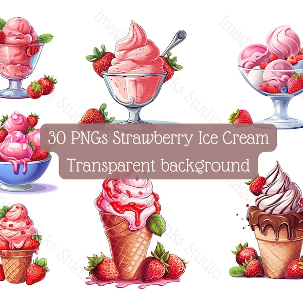 Strawberry Ice Cream clipart 30 high-quality PNG with transparent background Vector art Commercial use Dessert painting Strawberry Breakfast