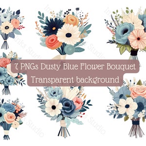 Flower bouquet clipart Dusty blue 7 high-quality PNG with transparent background Vector illustration Commercial use Digital bouquet wall art